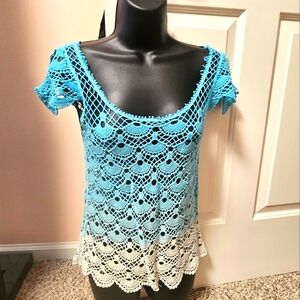 Body Central Blue and White Crochet Ombre Top